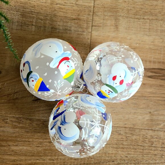 3 vintage blown glass Christmas tree ornaments decorations balls with snowmen. - Picture 2 of 7